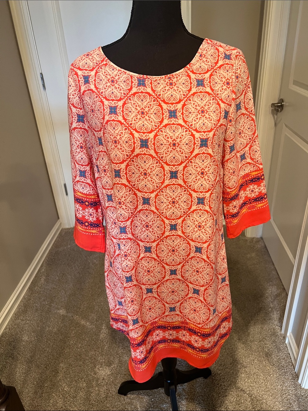 mahina Coral and Blue Patterned Midi Dress